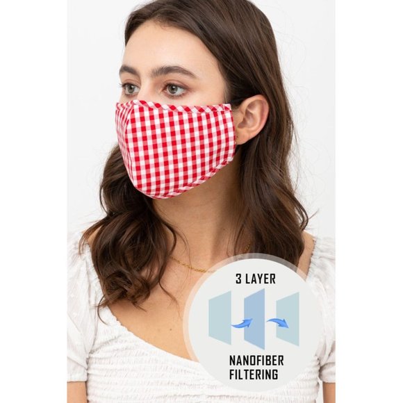 Red Gingham Reusable 3 Layers Filter Pocket Mask - Picture 2 of 8